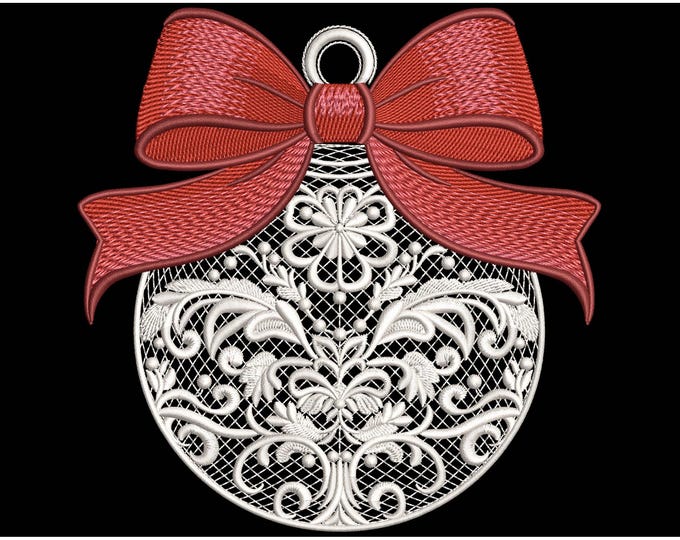Featured listing image: White Christmas Ornament with Red Bow – Machine Embroidery Design, Filigree Holiday Bauble Machine Embroidery Pattern PES, Bow Pattern PES