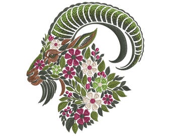 Floral Goat Embroidery Design PES, Mountain Goat Embroidery, Boho Animal Embroidery Pattern, Farm Animal Embroidery, Botanical Embroidery