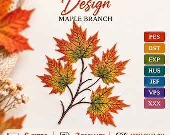 Fall Maple Leaf Embroidery Design – Autumn Branch Stitch Pattern PES, Machine Embroidery File for Clothing, Home Decor & Crafts, 4x4 Hoop