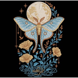 May include: Embroidered design of a moth with blue and gold wings, set against a full moon and floral elements. The artwork includes stars, flowers, and water reflections, all on a black background.