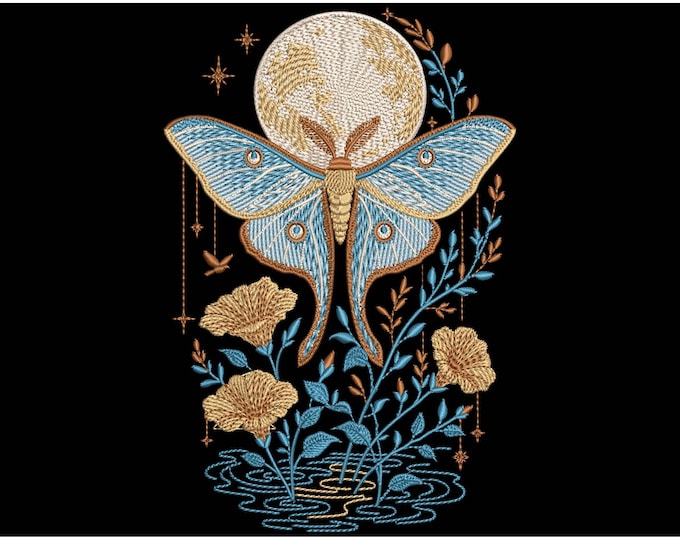 Featured listing image: Celestial Luna Moth Machine Embroidery Design, Mystical Moon Moth Embroidery,  Boho Moon Phases Embroidery, Moon Moth With Stars Embroidery