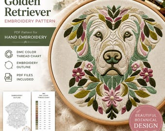 Golden Retriever Botanical Embroidery Pattern (PDF Download)