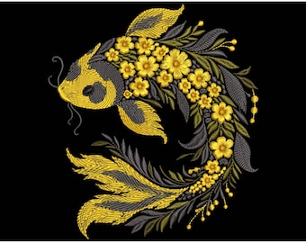 Stunning Gold Koi Fish Embroidery Design, Floral Koi Fish Pattern, Machine Embroidery Files, Carp Embroidery, Floral Embroidery, Fish PES
