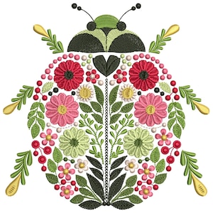 May include: Embroidered ladybug design with a floral pattern. The ladybug is made up of pink, red, green, and white flowers. The ladybug's body is black.