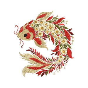 Koi Fish Embroidery Design, Stunning Floral Koi Fish, Machine Embroidery Files for Japanese & Nature-Themed Projects, Fish PES DST Download