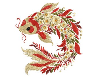 Koi Fish Embroidery Design, Stunning Floral Koi Fish, Machine Embroidery Files for Japanese & Nature-Themed Projects, Fish PES DST Download