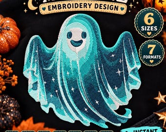 Halloween Ghost Embroidery Design – Cute Ghost with Stars – Instant Digital Download for Machine Embroidery Projects, Spooky Ghost PES DST