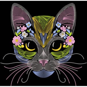 Floral Cat Embroidery Design, Animal Embroidery Design, Cat Machine Embroidery Design