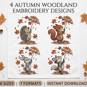 Diseño de bordado a máquina de animales del bosque, zorro, erizo, conejo, ardilla, bordado de otoño PES DST JEF VP3 exp, bordado para niños