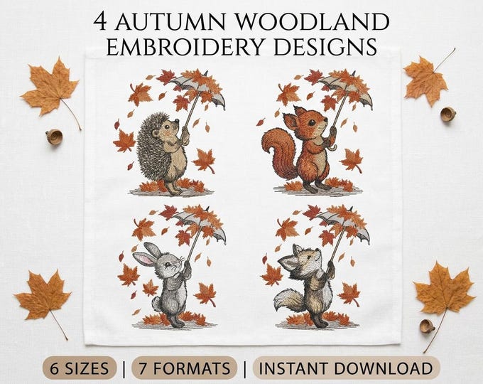 Featured listing image: Woodland Animals Machine Embroidery Design, Fox Hedgehog Bunny Squirrel Autumn Embroidery PES DST JEF VP3 exp, Embroidery For Kids