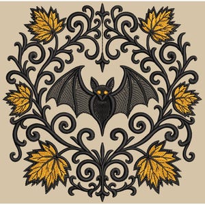 Spooky Gothic Bat Embroidery Design, Halloween Bat with Fall Leaves, Machine Embroidery for Halloween Apparel, Bat Pattern PES, Autumn PES