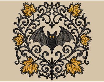 Spooky Gothic Bat Embroidery Design, Halloween Bat with Fall Leaves, Machine Embroidery for Halloween Apparel, Bat Pattern PES, Autumn PES