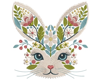 Floral Bunny Machine Embroidery Design, Rabbit Embroidery Design, Animal Embroidery, Bunny Pattern, Rabit Pattern Design, Instant Download