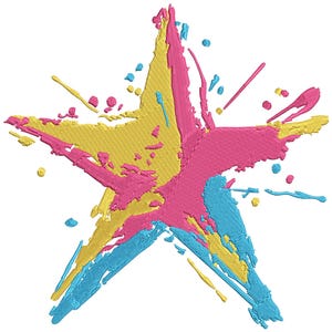 Op de afbeelding: Een kleurrijk stervormig ontwerp met gele, roze en blauwe verfspatten. Het ontwerp is gemaakt met een textuur, geborduurde look.