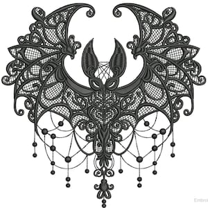 May include: Black bat-shaped embroidery design with intricate lace-like detailing. The design features a central bat figure with outstretched wings, surrounded by ornate patterns and hanging bead-like embellishments. A gothic or Halloween theme.