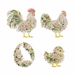Könnte beinhalten: Vier gestickte Designs: ein Hahn, eine Henne, ein Ei und ein Küken. Die weißen Figuren sind mit grünen Blättern, rosa Blüten und Beeren verziert. Hahn und Küken haben gelbe Füße und Schnäbel. Ein charmantes Frühlingsmotiv.