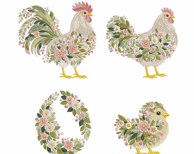 Featured listing image: Floral Farm Embroidery Set – Rooster, Hen, Chick & Easter Egg – Machine Embroidery Design Bundle – Spring Chicken PES DST JEF VP3 4x4 Hoop