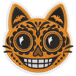 Halloween Cat Head Embroidery Design – Sugar Skull Style Embroidery, Spooky Cat Embroidery PES, Halloween Kitty Head Pattern PES, Kitty Face