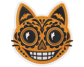 Halloween Cat Head Embroidery Design – Sugar Skull Style Embroidery, Spooky Cat Embroidery PES, Halloween Kitty Head Pattern PES, Kitty Face