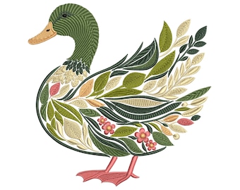 Desenho de bordado à máquina de pato floral, pato elegante com folhas, bordado de pássaro, padrão de pato, download instantâneo para projetos DIY, PES DST