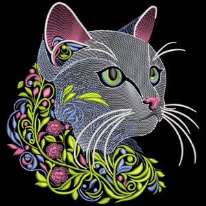 Cat Embroidery Design, Machine Embroidery Design: Elegant Cat with Floral Accents, Floral Cat Embroidery Design 5 sizes, Animal Embroidery