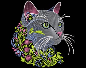 Cat Embroidery Design, Machine Embroidery Design: Elegant Cat with Floral Accents, Floral Cat Embroidery Design 5 sizes, Animal Embroidery