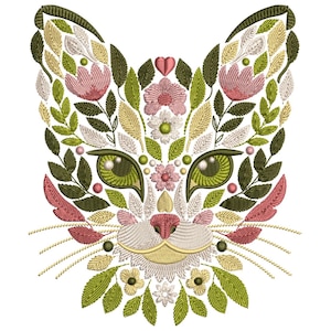 Floral Cat Embroidery Design, Cat Machine Embroidery Design, Leaf Cat Embroidery Pattern, Cat Pattern File, Pet Embroidery, Instant Download