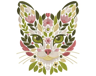 Floral Cat Embroidery Design, Cat Machine Embroidery Design, Leaf Cat Embroidery Pattern, Cat Pattern File, Pet Embroidery, Instant Download