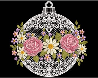 Floral Christmas Ornament Embroidery Design – Elegant New Year’s Ball with Roses and Daisie, Christmas Ornament Embroidery PES, Lace Bauble