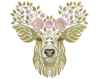 Floral Deer Embroidery Design, Floral Deer Pattern File, Animal Embroidery, Reindeer, Deer Machine Embroidery Design - Woodland Elegance!
