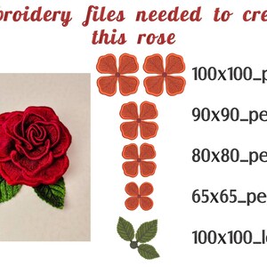 FSL rose embroidery file size chart showing petal and leaf designs in multiple hoop sizes.