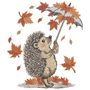 May include: An embroidered design of a hedgehog holding an umbrella filled with autumn leaves. The hedgehog is brown and tan with a spiky back. Brown and orange leaves are falling around the hedgehog and umbrella.