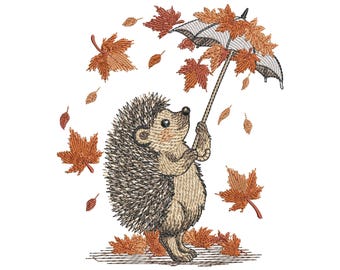 Hedgehog with Umbrella Autumn Machine Embroidery Design, Autumn Fall Machine Embroidery Pattern PES, Woodland Animal Embroidery, Leaves PES