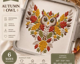 Autumn Owl Machine Embroidery Design - Fall Leaves and Owl - Perfect for Sweaters, Pillows, and Wall Art - Instant Download