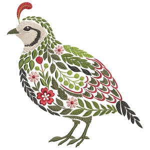 May include: An embroidered design of a quail, featuring a detailed floral and leaf pattern. The bird's body is adorned with green leaves, red and pink flowers, and black accents. A red plume sits atop its head, and the bird stands on two green legs.