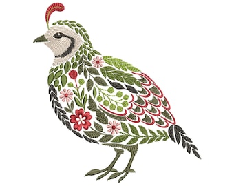 Floral Quail Machine Embroidery Design PES, California Quail Pattern PES, Embroidery of Farm Birds, Botanical Bird Embroidery DST jef vp3