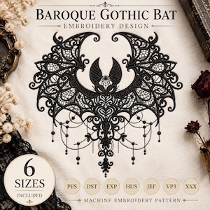 Desenho de bordado de morcego barroco gótico, padrão de bordado à máquina de morcego gótico de Halloween em PES, morcego bordado vitoriano escuro, morcego estilo academia sombria