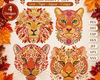 Autumn Animal Embroidery Set, Lion Tiger Jaguar Cougar Machine Embroidery Designs, Fall Wild Cat Embroidery Set, Wildlife Embroidery PES DST