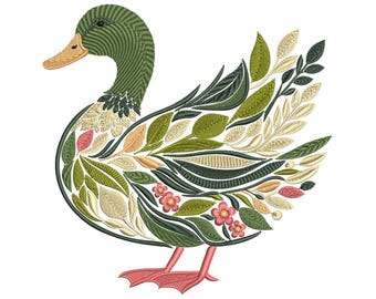 Floral Duck Machine Embroidery Design, Elegant Duck with Leaves, Bird Embroidery, Duck Pattern, Instant Download for DIY Projects, PES DST