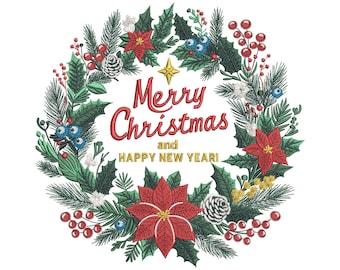 Christmas Wreath Embroidery Design, Holiday Wreath Machine Embroidery, Christmas Embroidery Design, Instant Download
