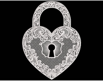 Lace Heart Lock Embroidery Design, Vintage Lace Padlock Embroidery Pattern for Wedding Gifts, Romantic Decor, Valentine Projects PES DST JEF