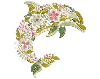 Floral Dolphin Embroidery Design, Ocean Animal Embroidery, Nautical Embroidery, Dolphin Pattern, Marine Embroidery, Nautical Pattern