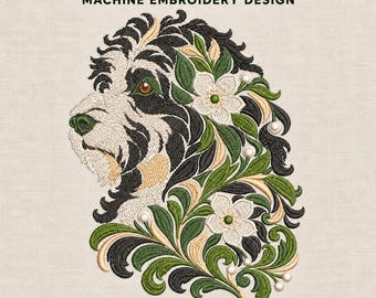 Floral Portuguese Water Dog Embroidery Design, Botanical Pet Portrait, PES DST Files