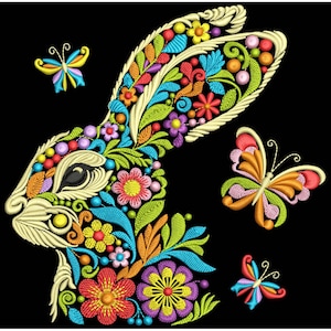 Floral Easter Bunny Embroidery Design, Spring Rabbit Machine Embroidery File, Instant Download 5 Sizes, Cute Boho Animal Pattern, PESD DST