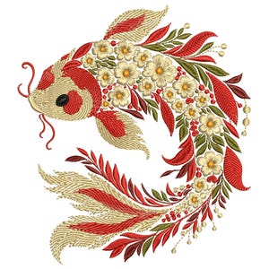Koi Fish Embroidery Design, Stunning Floral Koi Fish, Machine Embroidery Files for Japanese & Nature-Themed Projects, Fish PES DST Download