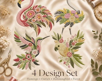 Hummingbird Parrot Flamingo Ostrich Embroidery Design, Bundle Floral Bird Machine Embroidery Files PES DST JEF, Instant Download, Parrot pes