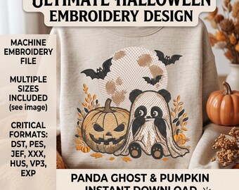 Halloween Panda Embroidery Design, Jack-O-Lantern Pumpkin & Bats, Panda in Ghost Costume Embroidery, Spooky Kawaii Machine File, Panda PES