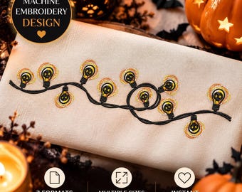 Halloween Skull Light Garland Embroidery Design, Machine Embroidery File, Spooky String Lights Pattern, PES DST JEF