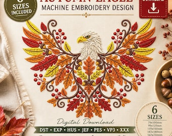 Autumn Eagle Machine Embroidery Design, Fall Leaves & Acorns, 6 Sizes, Digital Download