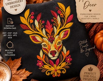 Autumn Machine Embroidery Deer Design, Autumn Woodland Embroidery Pattern, Floral Deer Head Instant Download